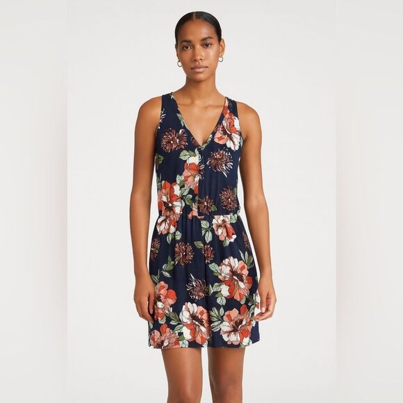 French Grey Dresses & Skirts - French grey Navy blue floral pull on stretch summer dress size large